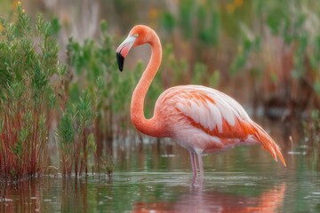 Fototapeta premium A stunning flamingo stands elegantly in shimmering water, showcasing its vibrant plumage against lush background vegetation on a peaceful day