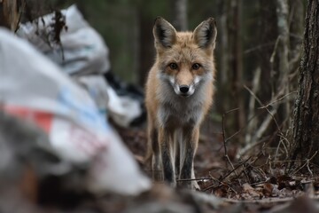 Fototapeta premium A fox explores its woodland habitat among fallen leaves and scattered debris, displaying a sense of curiosity and grace in the wild