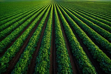 Vibrant rows of crops flourish in neat lines, showcasing the beauty of agricultural life against a backdrop of clear sky