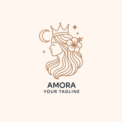 Elegant Line Art Logo Featuring Feminine Profile with Royal Crown and Floral Accent