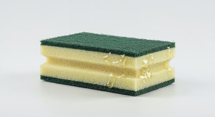 Household sticky sponge isolated on white side angle, adhesive surface and worn edges, minimal