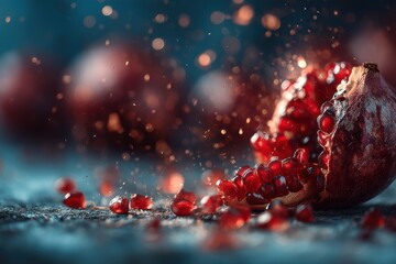 Bright red pomegranate seeds spill out as the fruit breaks apart, creating an appealing visual with a blurred background