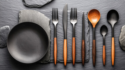 Modern black cutlery with wooden handles arranged on a dark slate surface with a black plate