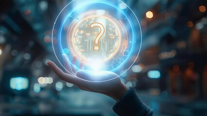 Hand holding illuminated question mark symbol surrounded by glowing digital interface elements symbolizing query and information on a blurred cityscape background. - Powered by Adobe