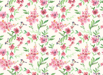 Watercolour textured beautiful vintage pink and green connecting floral pattern