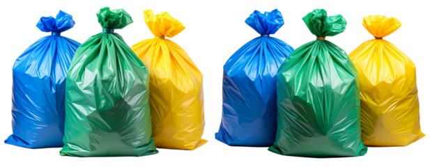Set of Three Colorful Tied Plastic Garbage Bags, Isolated on Transparent Background PNG