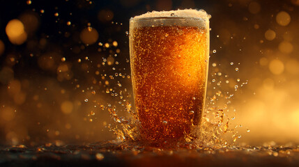 A refreshing glass of golden beer with bubbles and water splash against warm bokeh