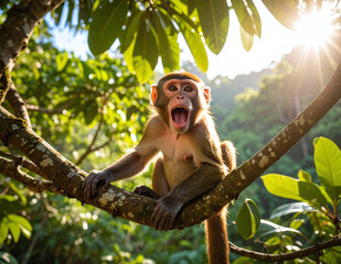 Fototapeta premium Close-up of expressive monkey looking surprised in lush tropical jungle environment captured in golden light