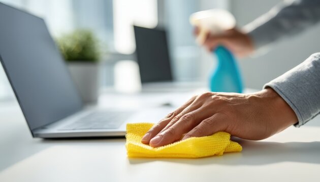 Person cleaning a desk with a yellow cloth in an office setting