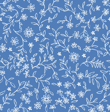 seamless beautiful blue background white ditsy flowers  print pattern 