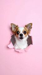 Adorable dog peeking through pink paper hole smiling playfully perfect for creative pet themed content or advertisement