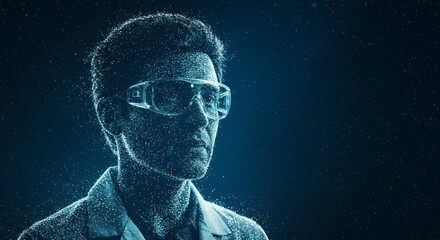 Digitized individual wearing protective eyewear, set against a dark blue backdrop, gazing intently