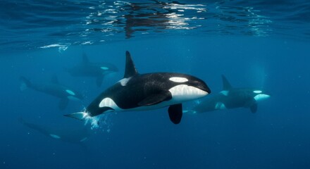 Killer whales swim in deep ocean