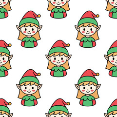 Seamless pattern of cute Christmas elves in red hats