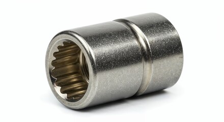 Metal socket cap isolated on pure white background, close-up, polished finish, threading detail