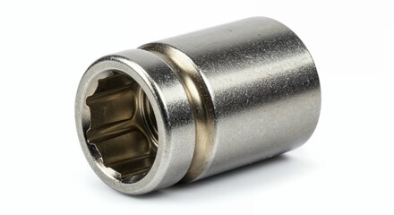 Metal socket cap isolated on pure white background, close-up, polished finish, threading detail