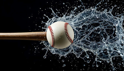 Baseball Struck by Wooden Bat with Water Splash in Mid-Air – High-Speed Sports Action and Dynamic Impact Concept