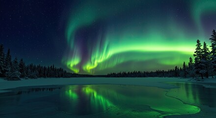 Vibrant Green Aurora Borealis Displayed Over Frozen Lake and Forest at Night with Starry Sky