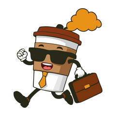 the coffee cup character is wearing a tie and glasses, rushing with a briefcase. Steam forms speech bubbles. Office-themed Humor