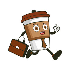 the coffee cup character is wearing a tie and glasses, rushing with a briefcase. go to work. Office-themed Humor