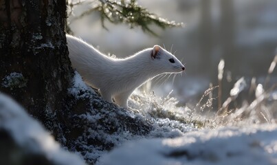 lose-up image of a white stoat stepping into the shadows of a snow-dusted forest, captured from behind and slightly over the shoulder. Generative AI