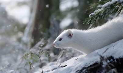 Obraz premium lose-up image of a white stoat stepping into the shadows of a snow-dusted forest, captured from behind and slightly over the shoulder. Generative AI