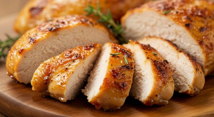 Slices of roasted chicken breast, seasoned and garnished with fresh herbs, presented on a wooden board
