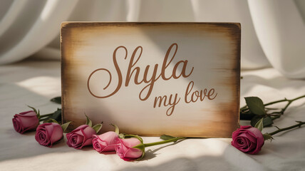 A romantic still life photograph featuring the word shyla my love written in elegant copper-colored cursive script on a weathered, distressed wooden board with a warm brown patina