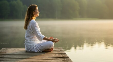 Woman meditating on a lakeside dock