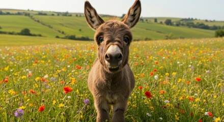 Young donkey in a meadow of wildflowers