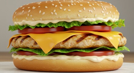 Close-up of a gourmet chicken burger with cheese, lettuce, and tomato