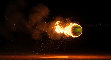 A softball ablaze in mid-air, sparks and smoke billowing around it