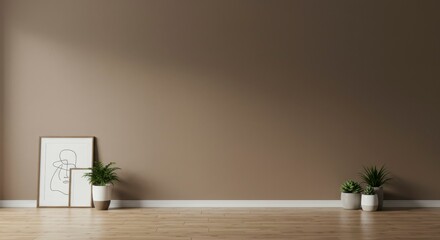 Minimalist room with brown wall, wooden floor, and potted plants flanking framed artwork