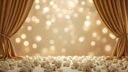 Romantic Golden Stage with Rose Petals and Elegant Sparkling Curtains Background
