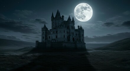 A gothic castle stands silhouetted against a dramatic night sky, moon illuminates the landscape