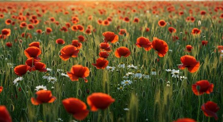 Vibrant red poppies and white daisies bloom in a sunlit field, creating a picturesque summer scene