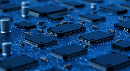 Densely packed microchips and circuitry on a blue printed circuit board