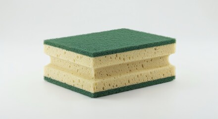 Household sticky sponge isolated on white side angle, adhesive surface and worn edges, minimal