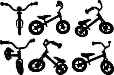 Collage of different kids balance bike isolated on white