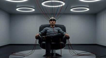 Man with brainwave scanner sitting in chair, wired to a machine for mind control research. - Powered by Adobe