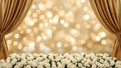 Romantic Golden Stage with Rose Petals and Elegant Sparkling Curtains Background