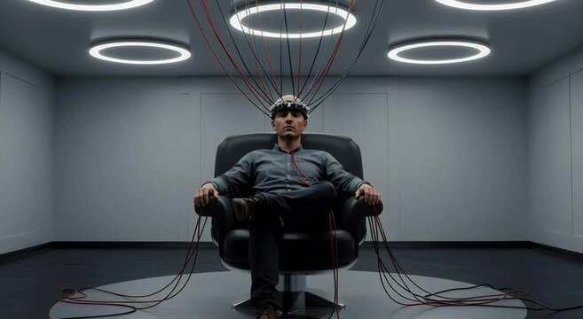 Man with brainwave scanner sitting in chair, wired to a machine for mind control research. - Powered by Adobe