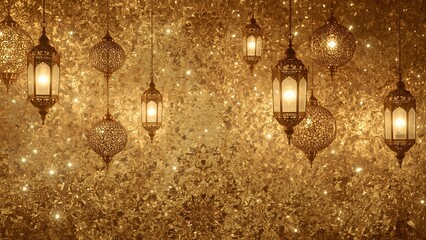 Luxurious Golden Background with Ornate Hanging Lanterns and Sparkling Lights