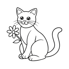 Cute cat holding flower with one paw in gentle style on white background Vector illustration
