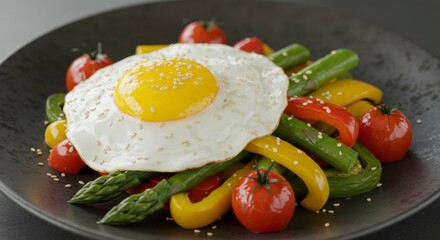 A sunny-side-up egg with sesame seeds sits atop vibrant sauteed vegetables on a dark plate