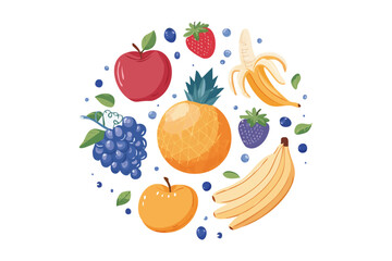 Minimalist hand drawn fruit set featuring apples oranges and berries in vibrant colors