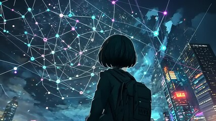 A girl in a black jacket gazes at a digital network above a futuristic city at night - Powered by Adobe