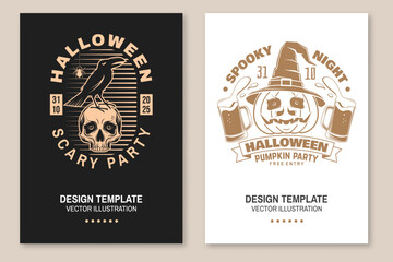 Obraz premium Happy Halloween flyer, poster, banner design. Vector illustration. For holiday Halloween design, shirt, logo, badge, decorations, cards, banner with pumpkin in wizard hat, beer, human skull and raven
