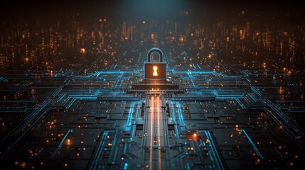 Padlock illustrates cybersecurity on a futuristic circuit board for digital data protection and network safety.