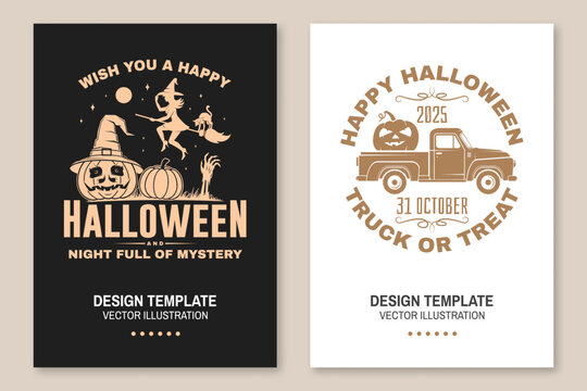 Happy Halloween flyer, poster, banner design. Vector illustration. For holiday Halloween design, shirt, badge, cards with flying witch on a broomstick and pumpkin in wizard hat, pickup truck